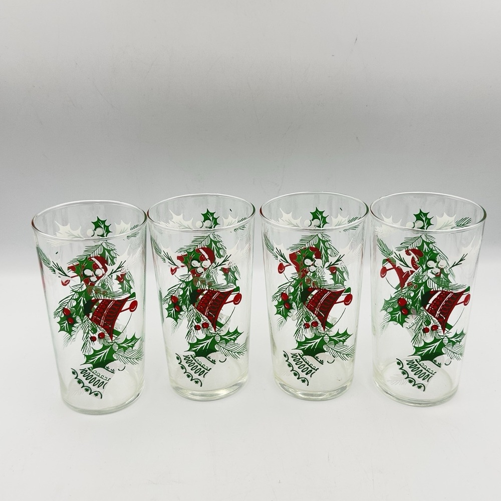 VTG Christmas Hazelware‎ Set 4 Glass Tumblers Holly/Bells 11.5 oz. Fantastic MCM